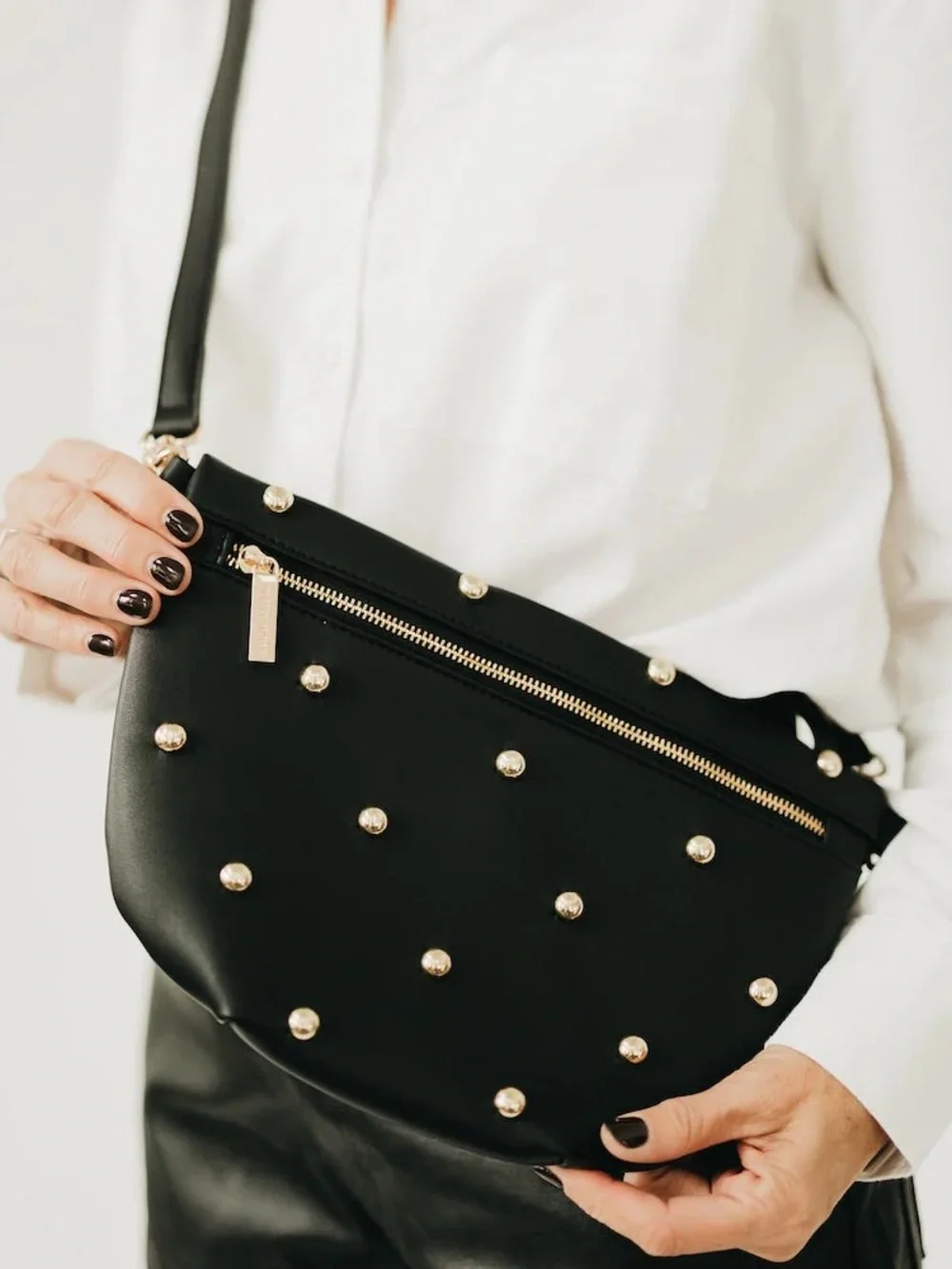 Pretty Simple Chic Gold Studded Westlyn Bum Bag Vegan Leather High Quality Black